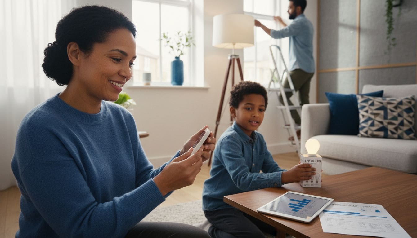 Family engaged in home energy saving activities together with led bulbs and window draft proofing.