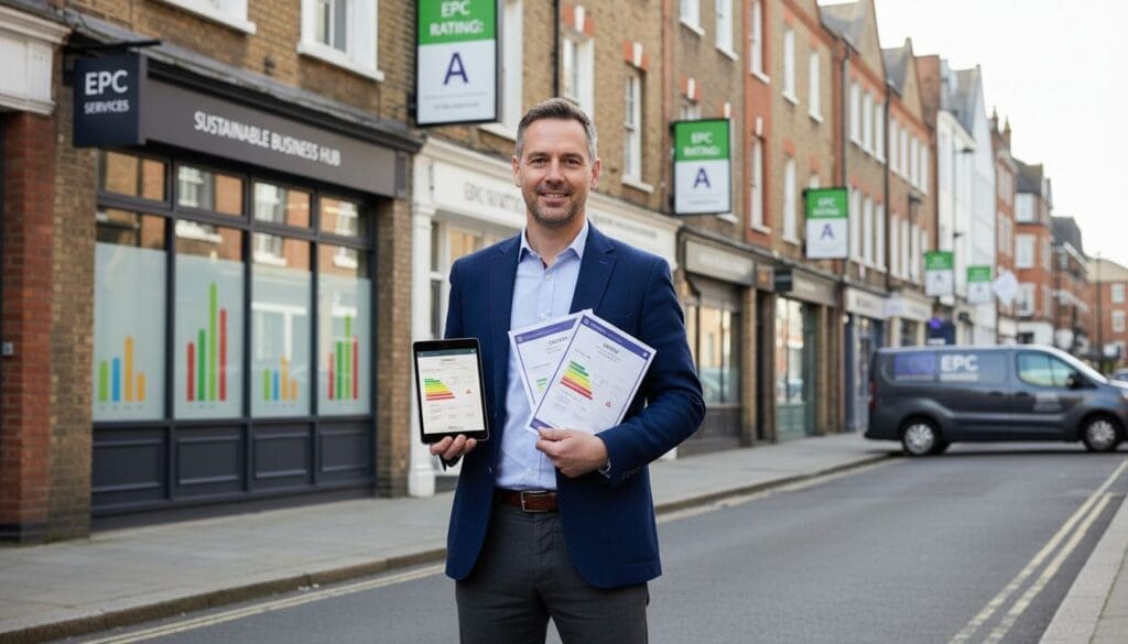 Man holding epc documents and epc graph outdoors.