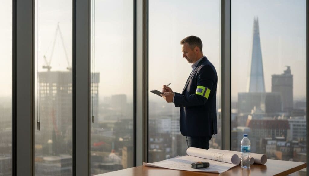 commercial epc assessor in suit overlooking city skyline.
