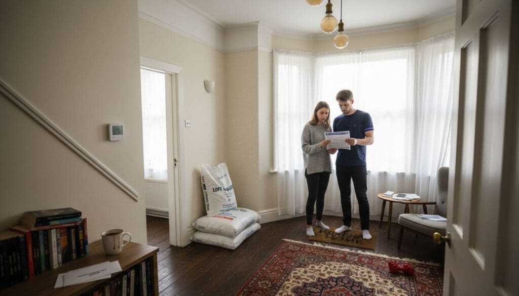Couple reviewing documents in living room.