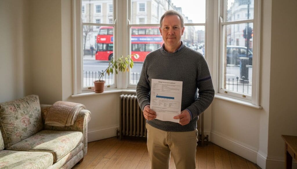 Person holding document in bright room.