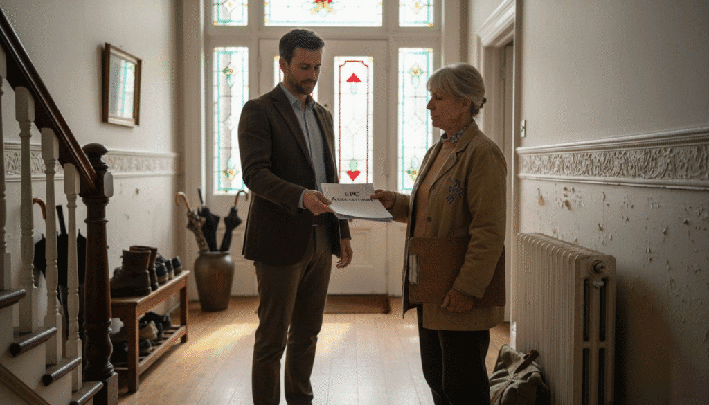 Man handing document to woman indoors.