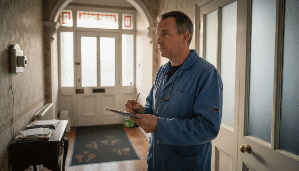 Man in hallway taking notes.