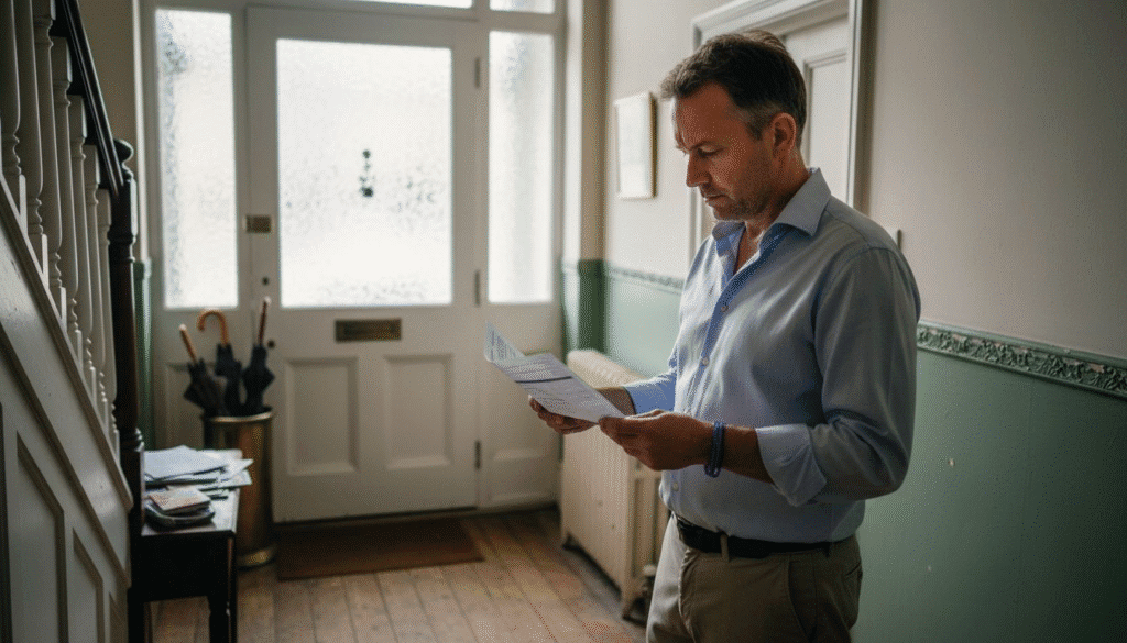 Man reading documents in hallway.