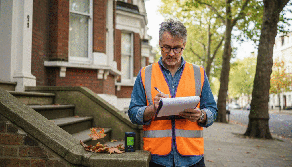 Man in high-visibility vest taking notes.