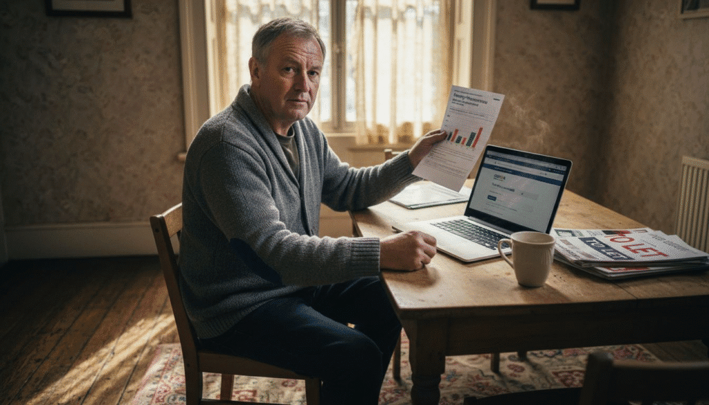 Man working at a table with laptop.