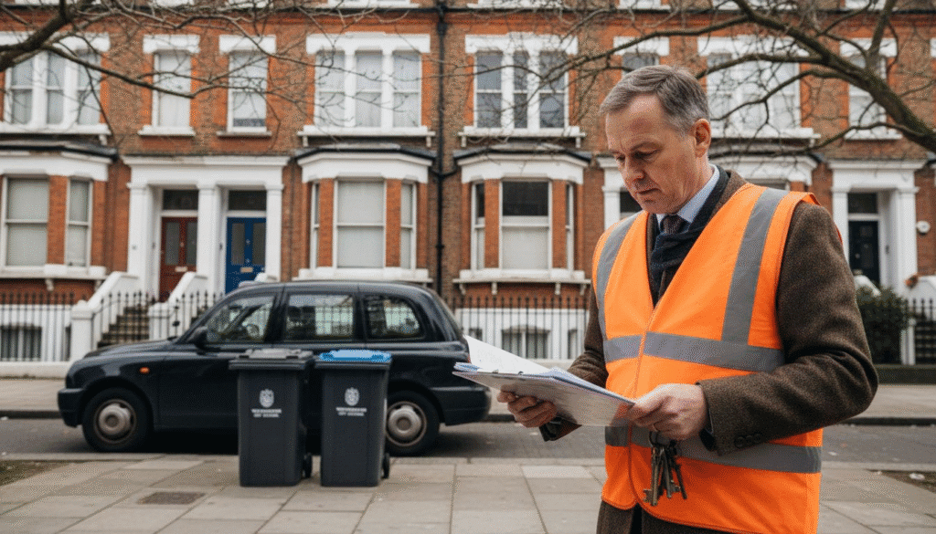 Man in high-vis vest with documents.