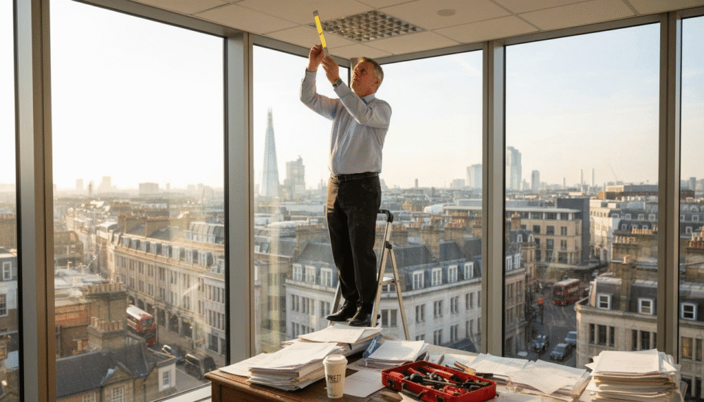 Person measuring in high-rise office.