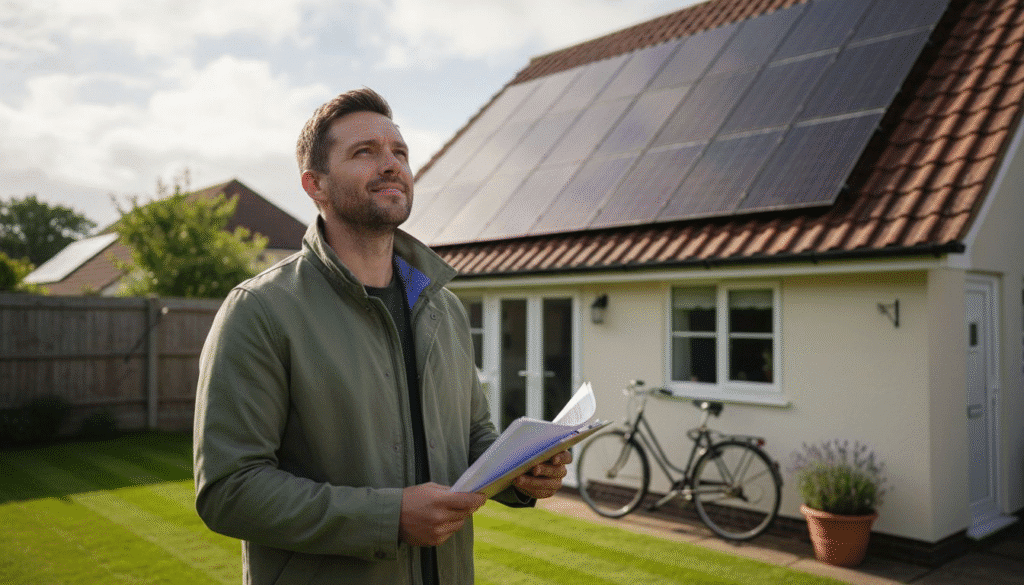 Man inspecting house with solar panels.