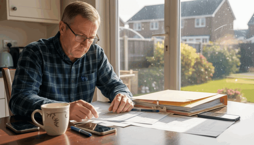 Person reviewing documents at table.