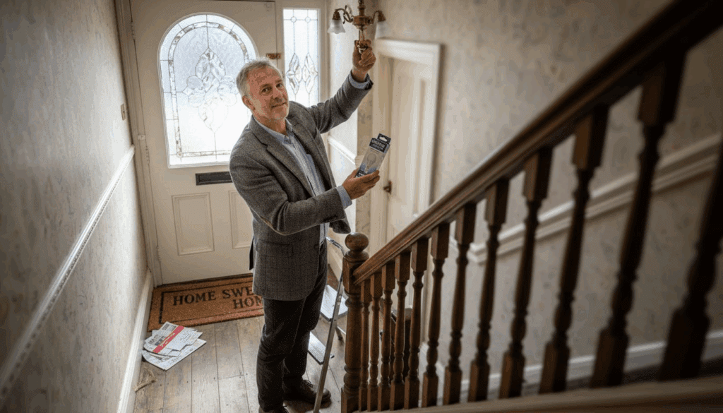 man changing light bulb in LED