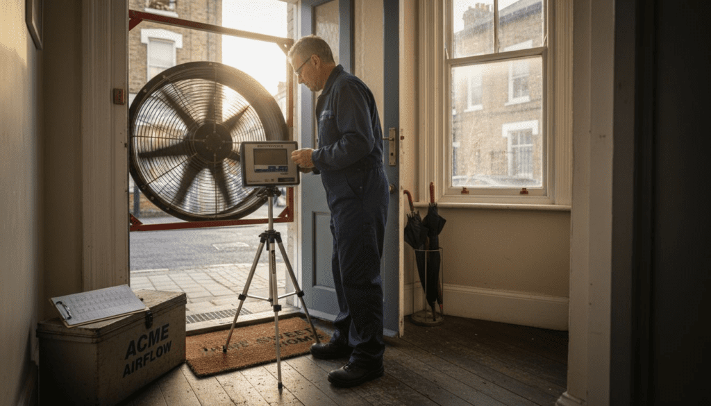 Technician conducting blower door test in London home