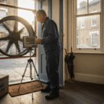 Technician conducting blower door test in London home